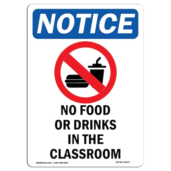 Safety Sign, OSHA Notice, 5" Height, No Food Or Drinks Sign With Symbol, Portrait, 10PK